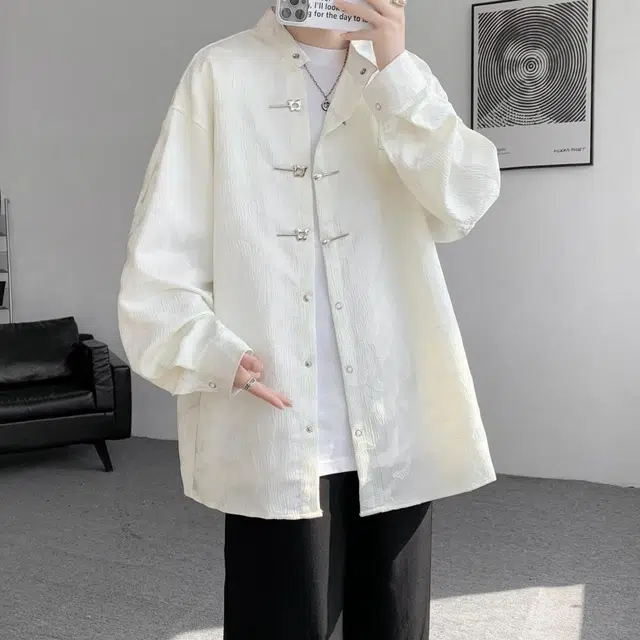 玉儿恋 美式复古高级感基础款新中式满印蝴蝶提花唐装特色别针扣设计中国风简约休闲宽松潮流时尚痞帅立领长袖衬衫 男女同款