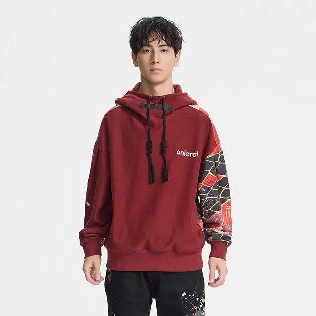 鬼洗 长袖连帽落肩卫衣 男款 暗红色