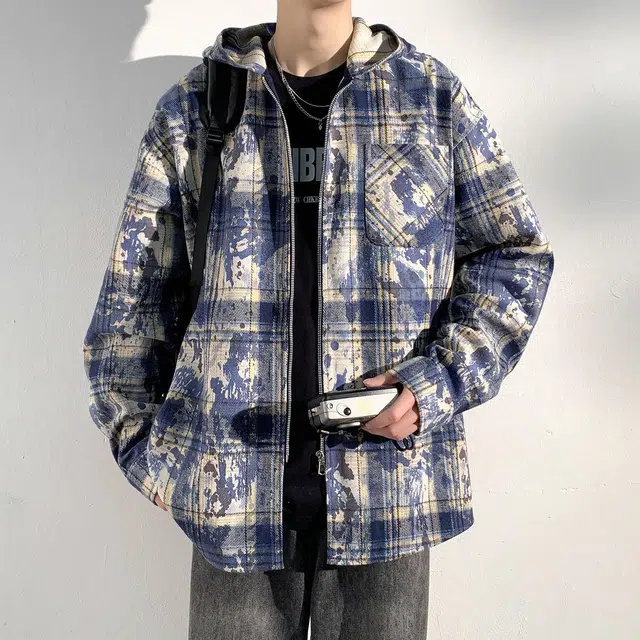 依文 美式高街格子泼墨满印涂鸦百搭休闲高级宽松飞行员连帽长袖夹克外套 男女同款 蓝色