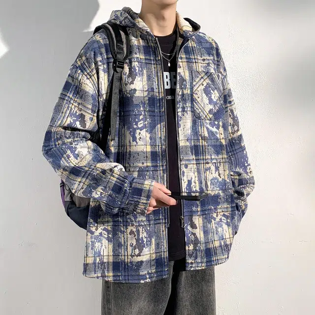 依文 美式高街格子泼墨满印涂鸦百搭休闲高级宽松飞行员连帽长袖夹克外套 男女同款 蓝色