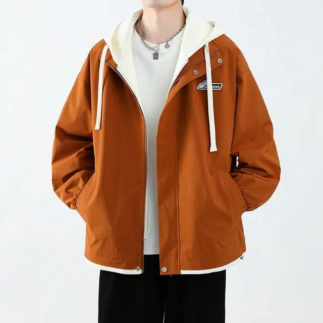 雅鹿 假两件连帽设计宽松休闲百搭夹克外套 男女同款 焦糖色