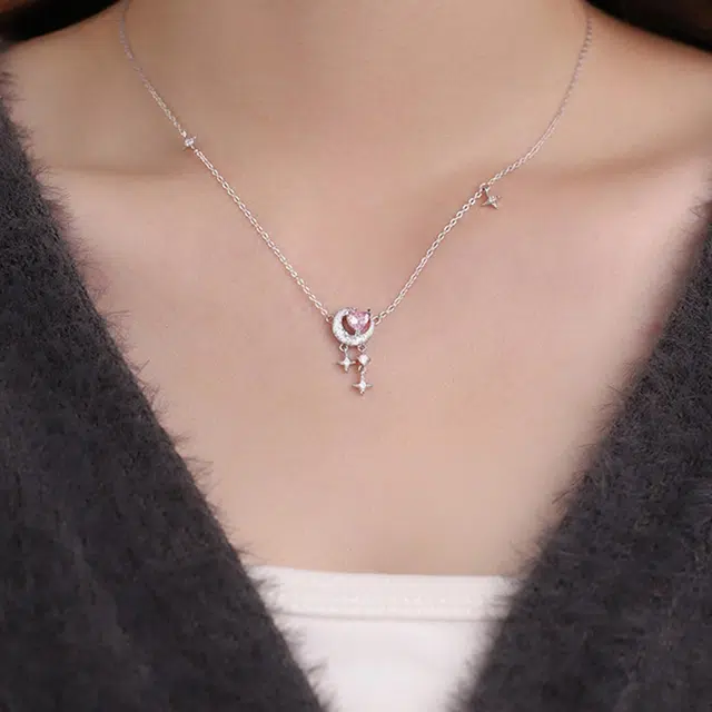 零误差 足银心月冷淡风森系气质简约小众设计 光面立体闪耀月亮粉色爱心流苏四芒星不对称 纯银 项链 女款