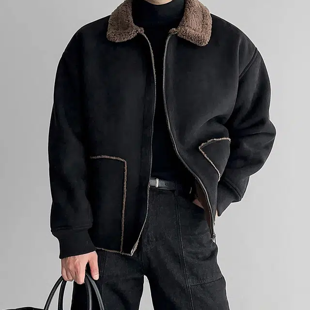 我是大卫 毛绒翻领纯色拼接美式高街复古加厚夹克外套 男女同款 黑色