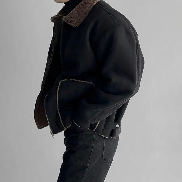 我是大卫 毛绒翻领纯色拼接美式高街复古加厚夹克外套 男女同款 黑色