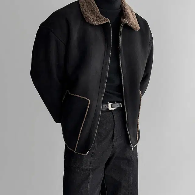 我是大卫 毛绒翻领纯色拼接美式高街复古加厚夹克外套 男女同款 黑色