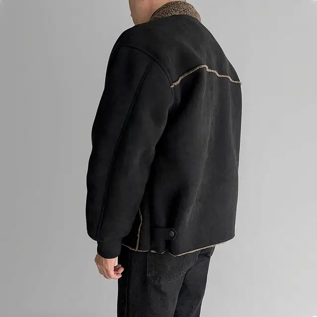 我是大卫 毛绒翻领纯色拼接美式高街复古加厚夹克外套 男女同款 黑色