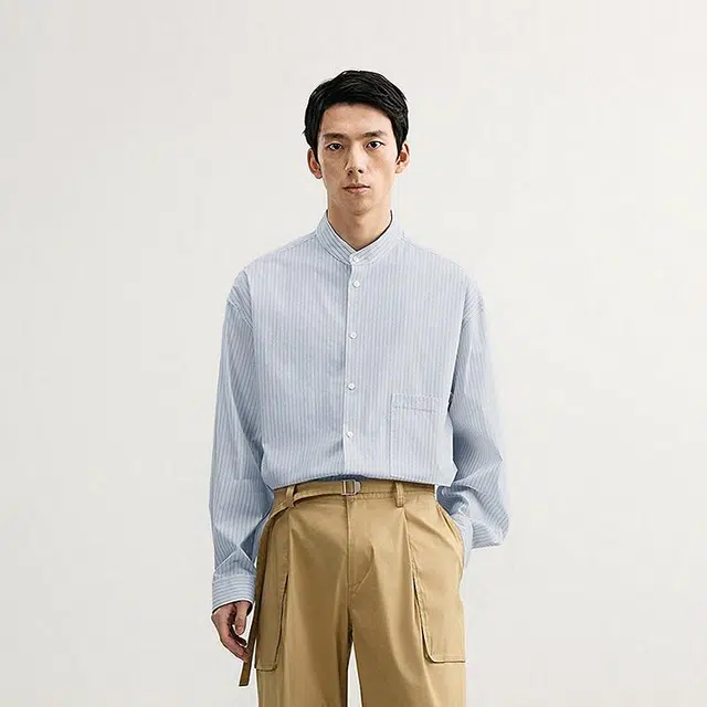 速写 简约宽松日常休闲立领长袖衬衫 男款 蓝白格