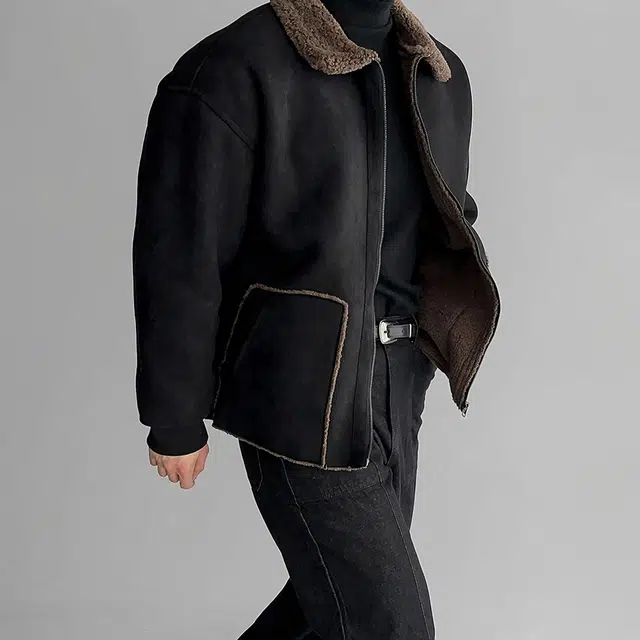 我是大卫 毛绒翻领纯色拼接美式高街复古加厚夹克外套 男女同款 黑色