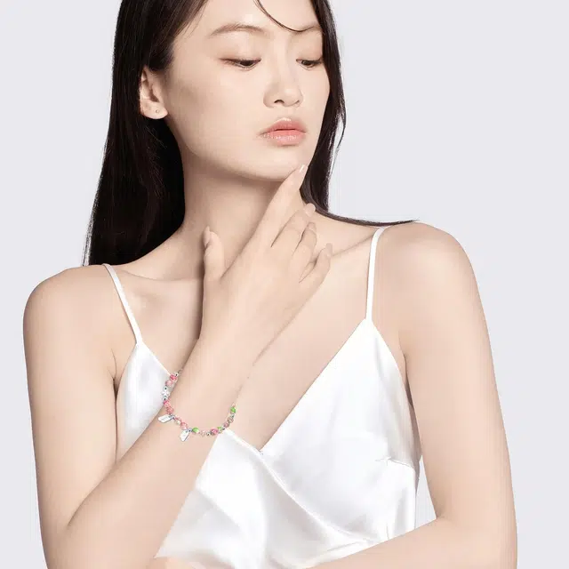 老银坊 樱花少女方牌 小清新粉色系少女心珠串 新中式国风国潮风百搭 铜合金 手串 女款
