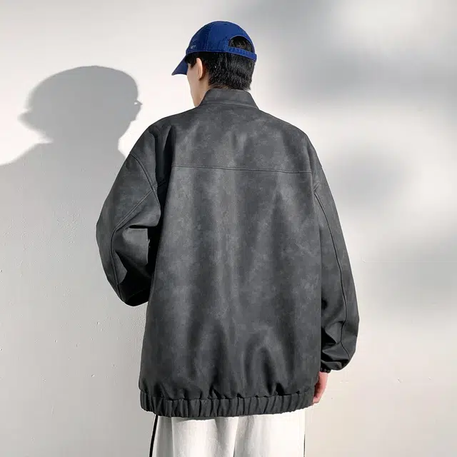 依文 美式经典复古高街工装口袋设计感立领机车飞行员痞帅简约中性风休闲百搭宽松廓形英伦风潮牌皮衣 男女同款 黑色