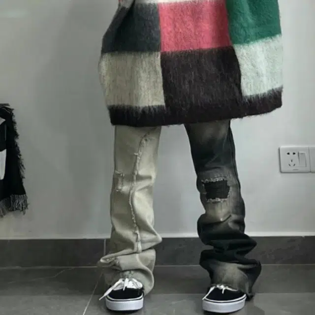 玉儿恋 拼接直筒宽松牛仔裤 男款