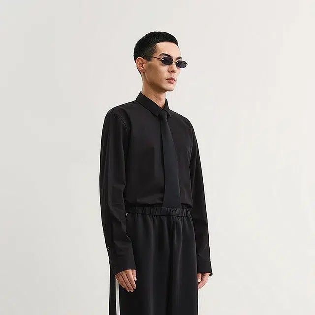 速写 黑支线 纯色休闲简约日常轻商务宽松长袖衬衫 男款 本黑