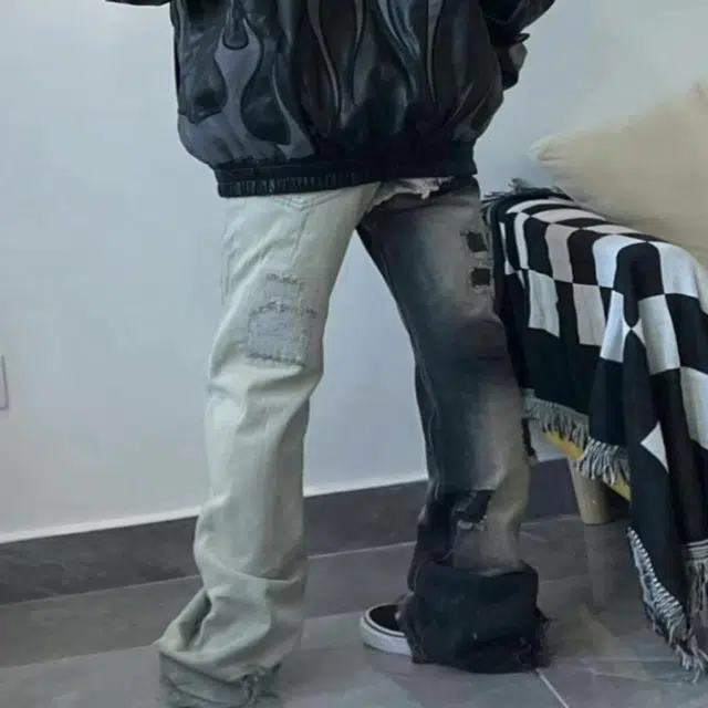 玉儿恋 拼接直筒宽松牛仔裤 男款