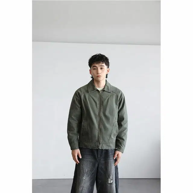 赞仕 美式小众设计感短款重磅潮牌做旧水洗复古长袖夹克外套 男女同款 灰绿