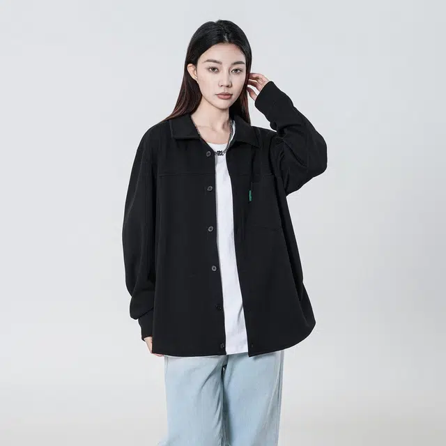 敦煌博物馆 美式简约纯色户外宽松休闲百搭华夫格重磅长袖衬衫款翻领夹克外套 男女同款