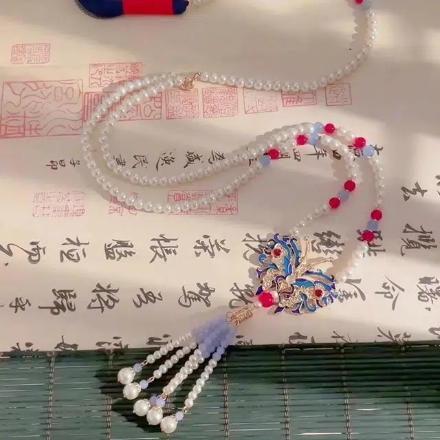克拉日记 贝珠珍珠涤纶蓝色复古国风蝴蝶长流苏背云璎珞汉服马面裙古风饰品招财健康平安#好运 合金 项链 女款