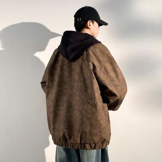 依文 美式复古经典高街假两件连帽设计机车飞行员痞帅简约中性风休闲时尚百搭廓形高级感英伦风潮牌皮衣 男女同款 黑色