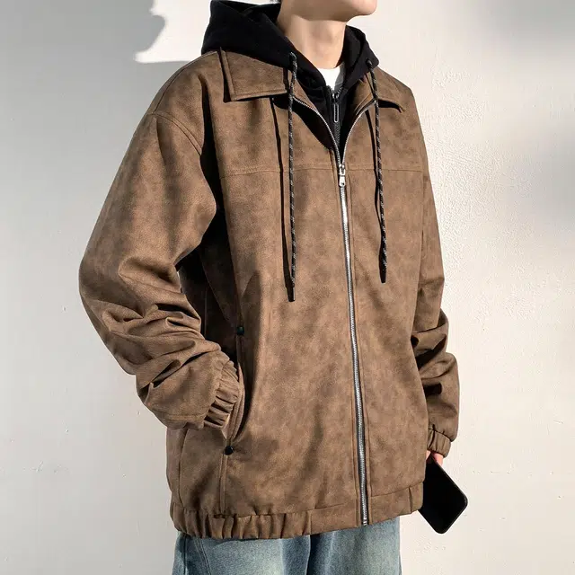 依文 美式复古经典高街假两件连帽设计机车飞行员痞帅简约中性风休闲时尚百搭廓形高级感英伦风潮牌皮衣 男女同款 黑色
