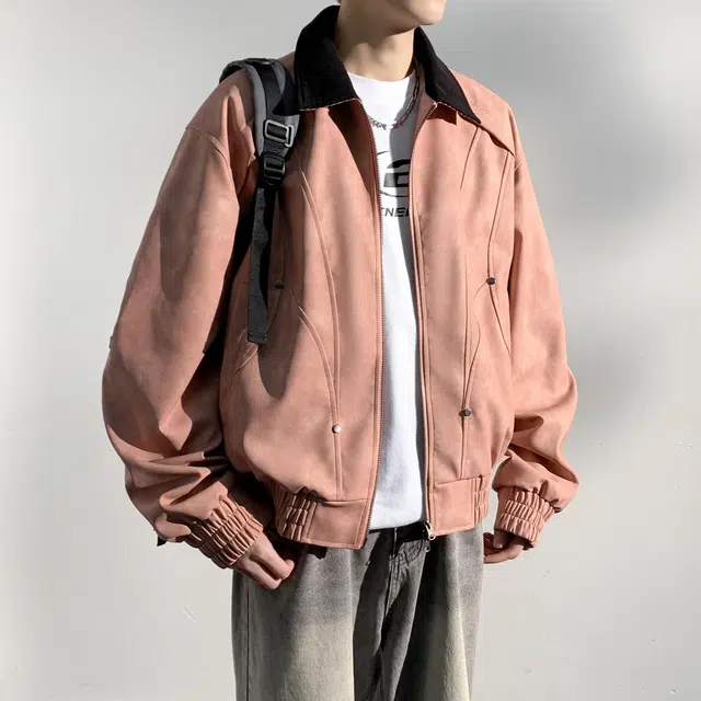 美式复古高街潮牌拼接多条纹铆钉高级感设计时尚百搭潮流宽松翻领撞色长袖拉链夹克外套 男女同款