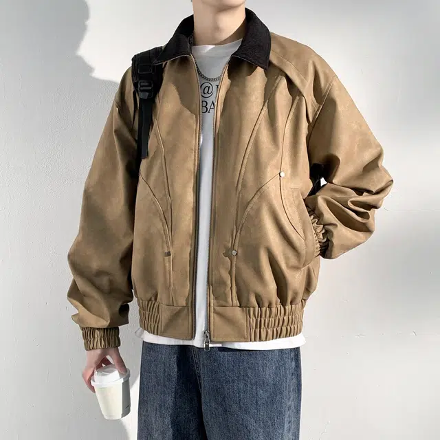 美式复古高街潮牌拼接多条纹铆钉高级感设计时尚百搭潮流宽松翻领撞色长袖拉链夹克外套 男女同款