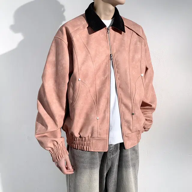 美式复古高街潮牌拼接多条纹铆钉高级感设计时尚百搭潮流宽松翻领撞色长袖拉链夹克外套 男女同款