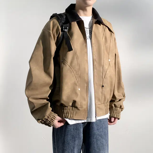 美式复古高街潮牌拼接多条纹铆钉高级感设计时尚百搭潮流宽松翻领撞色长袖拉链夹克外套 男女同款