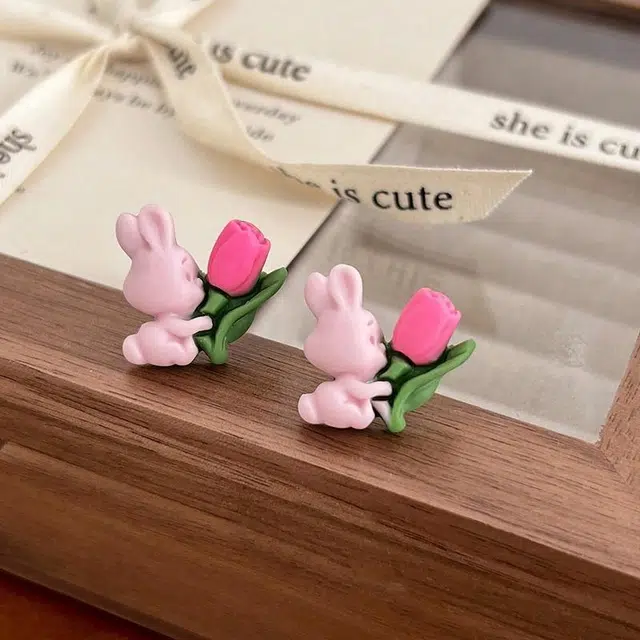 尚银福 兔子献花 森系小清新精致小巧时尚优雅气质百搭耳饰 合金 耳夹 女款