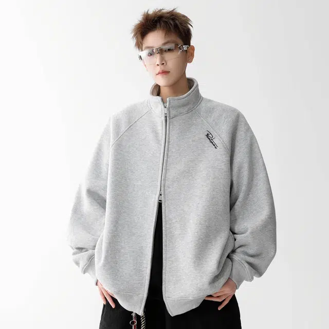 徐太浪 美式刺绣双拉链立领宽松百搭休闲开衫卫衣 男女同款