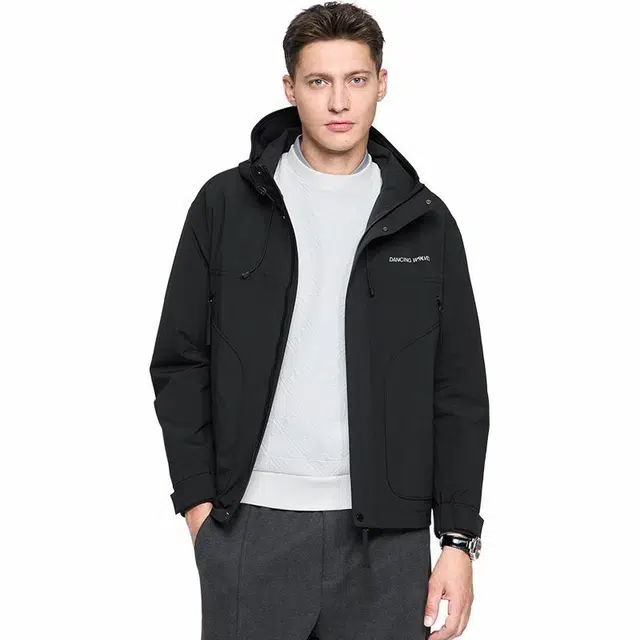 与狼共舞 户外休闲加绒保暖防风多口袋连帽夹克外套 男款 黑色