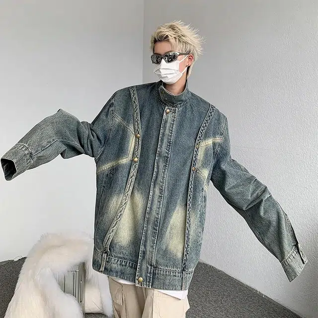 玉儿恋 美式街头复古纯色拉链落肩简约设计感水洗做旧休闲翻领牛仔外套 男女同款 蓝色