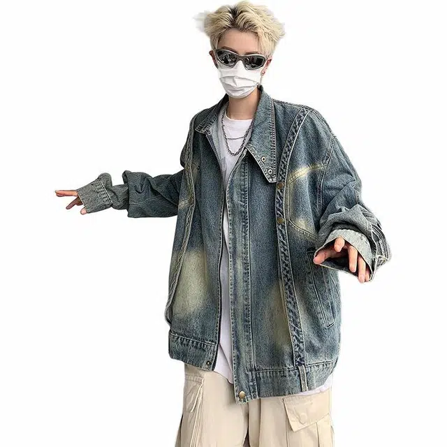 玉儿恋 美式街头复古纯色拉链落肩简约设计感水洗做旧休闲翻领牛仔外套 男女同款 蓝色