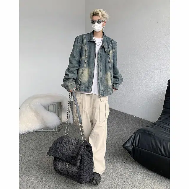 玉儿恋 美式街头复古纯色拉链落肩简约设计感水洗做旧休闲翻领牛仔外套 男女同款 蓝色