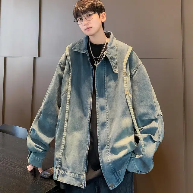 玉儿恋 美式街头复古纯色拉链落肩简约设计感水洗做旧休闲翻领牛仔外套 男女同款 蓝色
