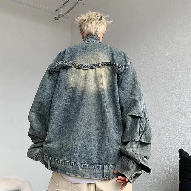 玉儿恋 美式街头复古纯色拉链落肩简约设计感水洗做旧休闲翻领牛仔外套 男女同款 蓝色