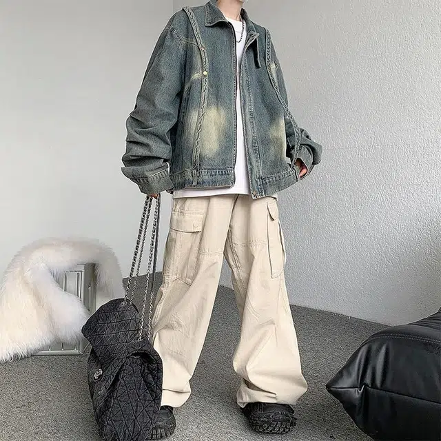 玉儿恋 美式街头复古纯色拉链落肩简约设计感水洗做旧休闲翻领牛仔外套 男女同款 蓝色