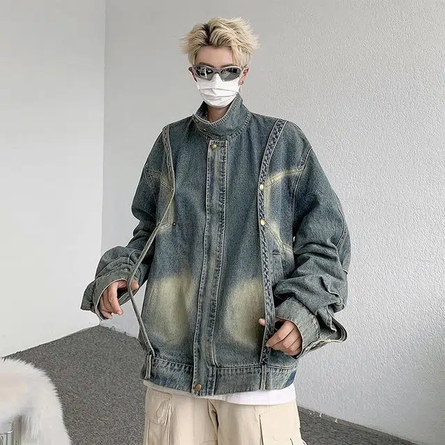 玉儿恋 美式街头复古纯色拉链落肩简约设计感水洗做旧休闲翻领牛仔外套 男女同款 蓝色