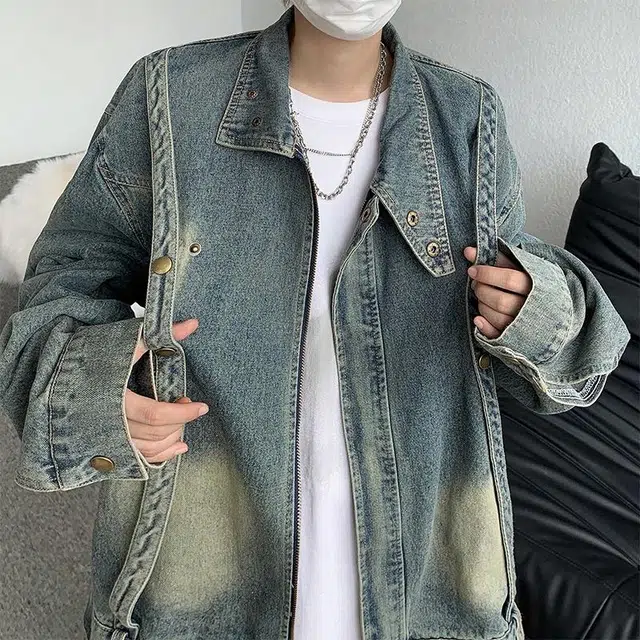 玉儿恋 美式街头复古纯色拉链落肩简约设计感水洗做旧休闲翻领牛仔外套 男女同款 蓝色