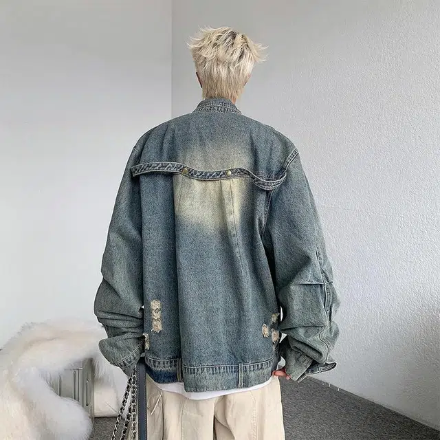 玉儿恋 美式街头复古纯色拉链落肩简约设计感水洗做旧休闲翻领牛仔外套 男女同款 蓝色