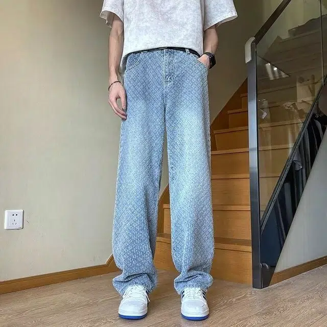 玉儿恋 美式高街风小众提花宽松水洗牛仔裤 男款