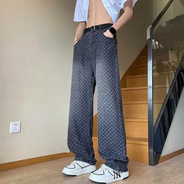 玉儿恋 美式高街风小众提花宽松水洗牛仔裤 男款