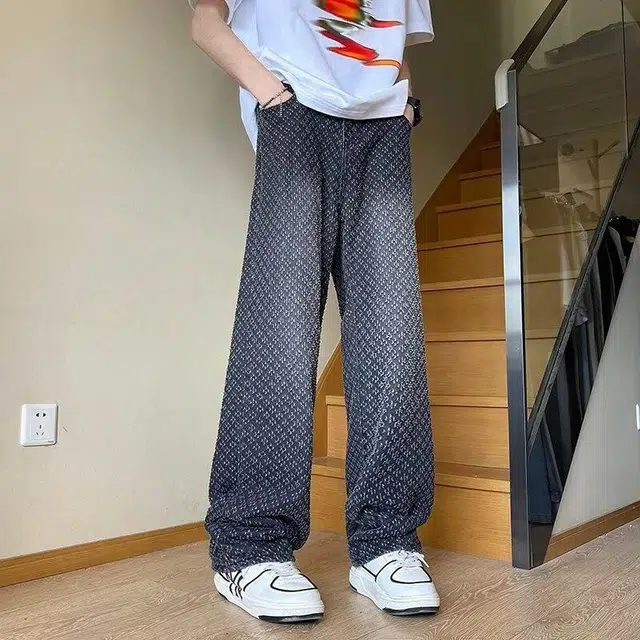 玉儿恋 美式高街风小众提花宽松水洗牛仔裤 男款