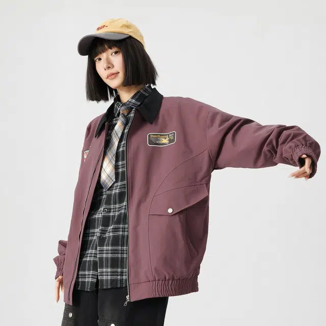 敦煌博物馆 美式复古学院横条小牛津翻领拉链宽松百搭休闲夹克外套 男女同款