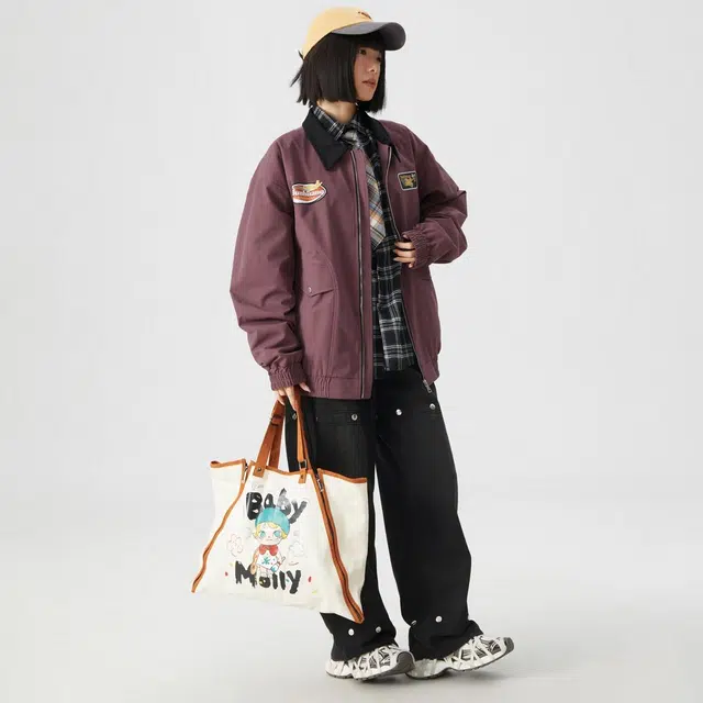 敦煌博物馆 美式复古学院横条小牛津翻领拉链宽松百搭休闲夹克外套 男女同款