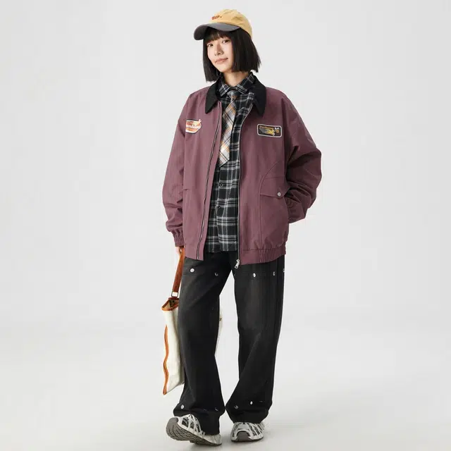 敦煌博物馆 美式复古学院横条小牛津翻领拉链宽松百搭休闲夹克外套 男女同款