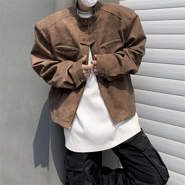 美式高街复古短款潮牌时尚字母拉链无性别主义百搭立领皮衣 男女同款