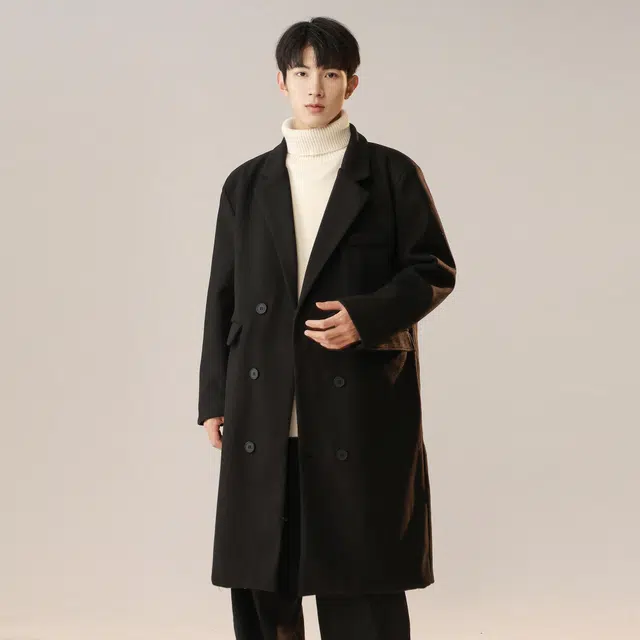 纯色经典简约休闲文艺风中长款过膝呢子外套氛围感毛呢大衣 男女同款