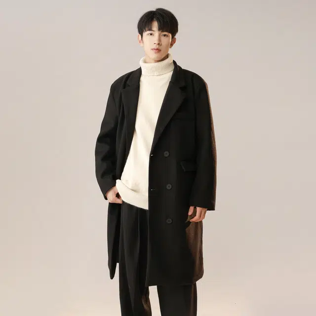 纯色经典简约休闲文艺风中长款过膝呢子外套氛围感毛呢大衣 男女同款