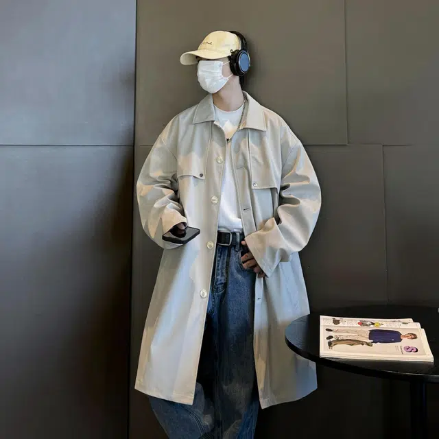 美式高街潮牌英伦时尚纯色简约中长款复古潮流设计感韩系宽松休闲百搭翻领长袖风衣 男女同款