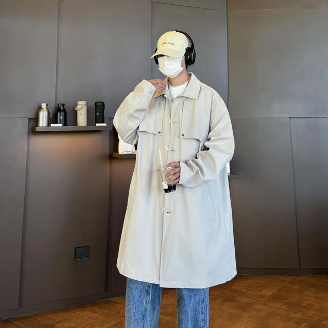 美式高街潮牌英伦时尚纯色简约中长款复古潮流设计感韩系宽松休闲百搭翻领长袖风衣 男女同款