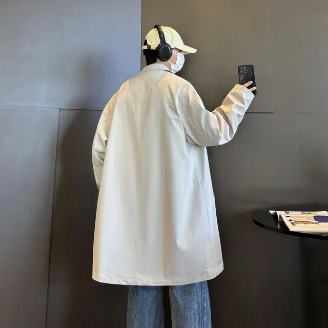 美式高街潮牌英伦时尚纯色简约中长款复古潮流设计感韩系宽松休闲百搭翻领长袖风衣 男女同款